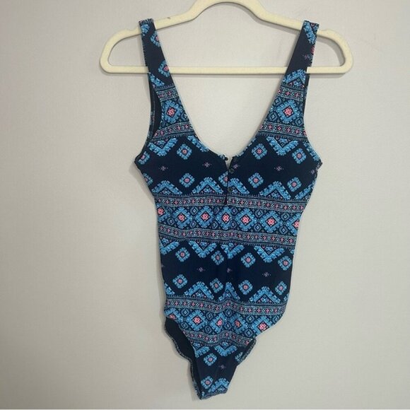 Aerie Navy Blue Patterned One-Piece Open Back Swimsuit Women’s Size Medium - Picture 2 of 8
